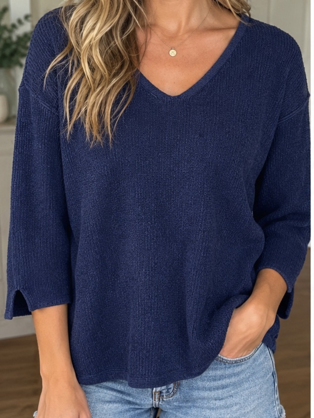 Chico's Navy V-Neck Lightweight Knit Sweater